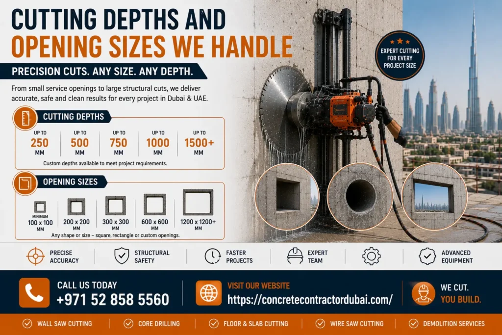 Cutting Depths and Opening Sizes in Vertical Wall Saw Cutting in Dubai